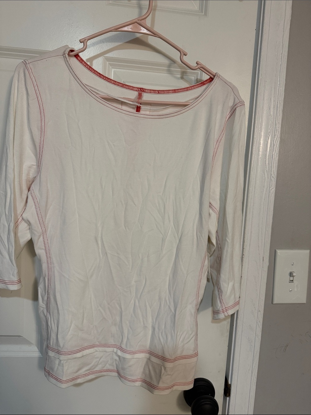 Free People Cream Ribbed Long Sleeve Top with Pink Contrast Stitching